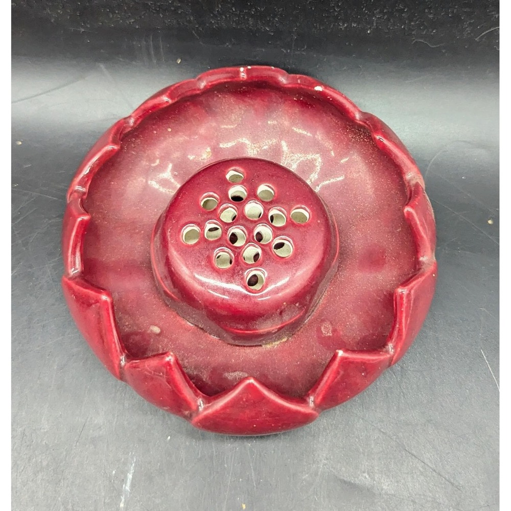 Vintage Oxblood Red Ceramic Lotus Flower Frog Perforated Floral Arranger Signed
